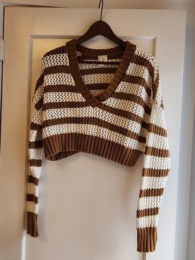 Striped Crochet V-Neck Crop Sweater - Brown & Cream